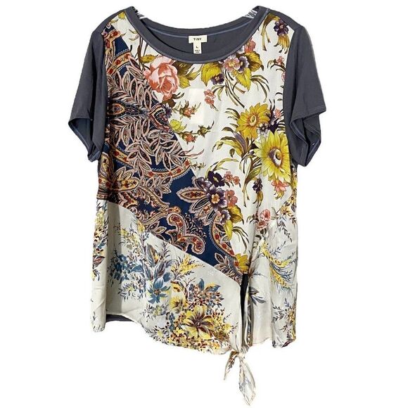 Anthropologie Tiny Satin Front Mixed Print Tie Front Tee Shirt NWT Size Large - Picture 3 of 8